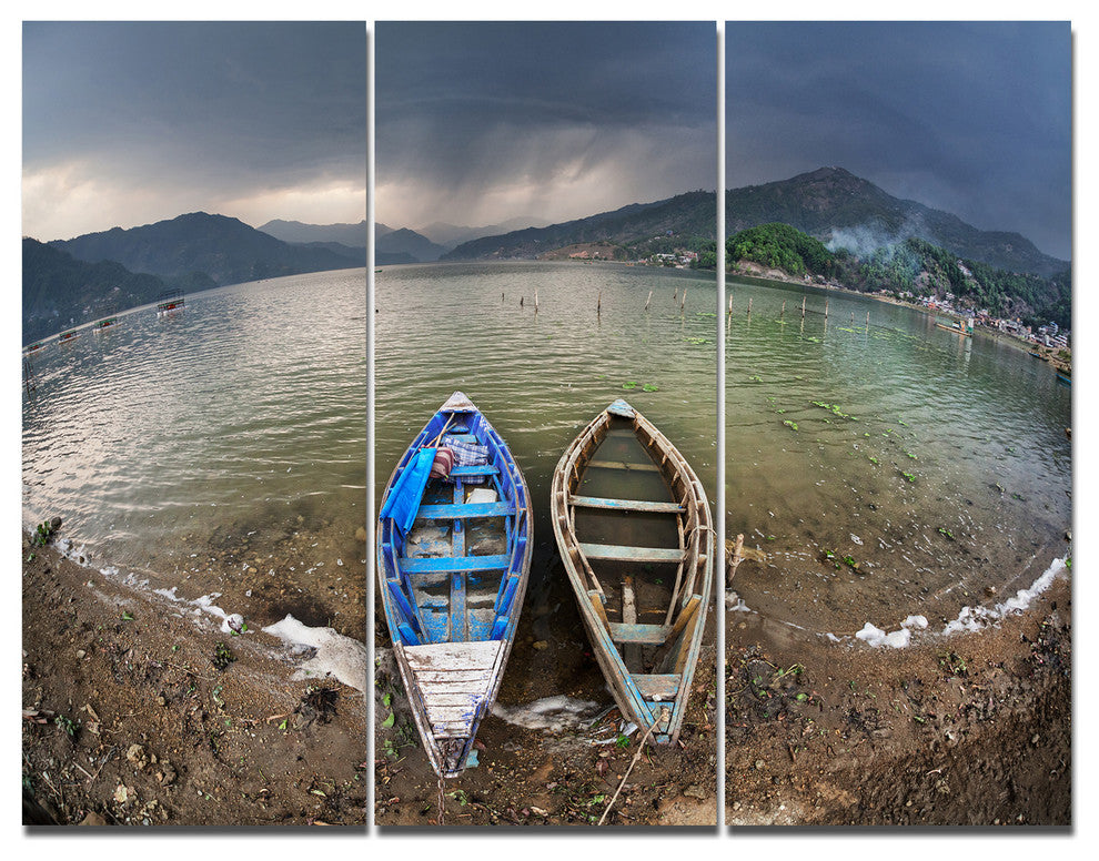 Two Boats near Pokhara Lake, Boat Triptych Canvas Art Print, 36x28, 3 Panels
