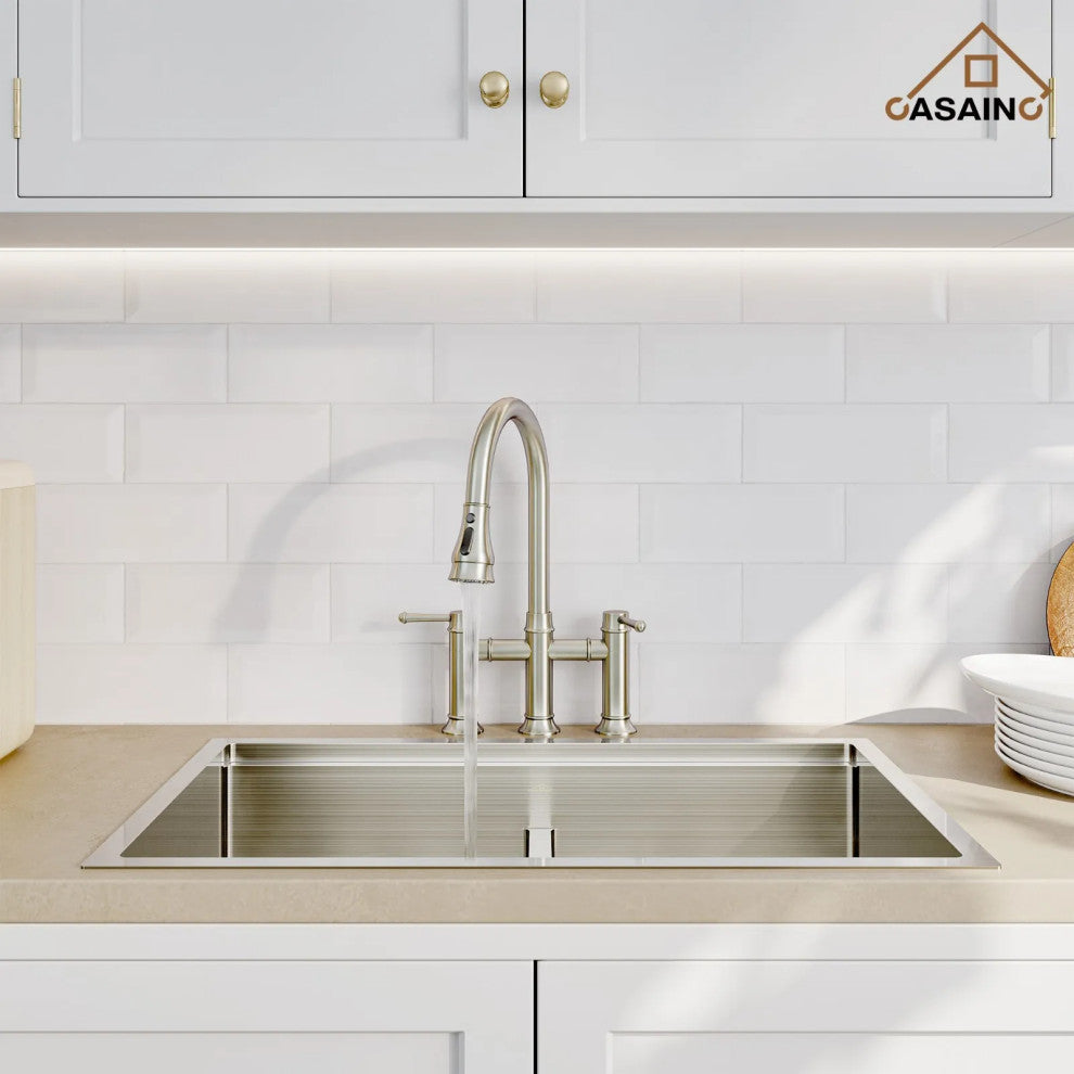 CASAINC Kitchen Faucet Centerset Bridge 3-Function 2-Handle Pull-Down Spray, Brushed Nickel