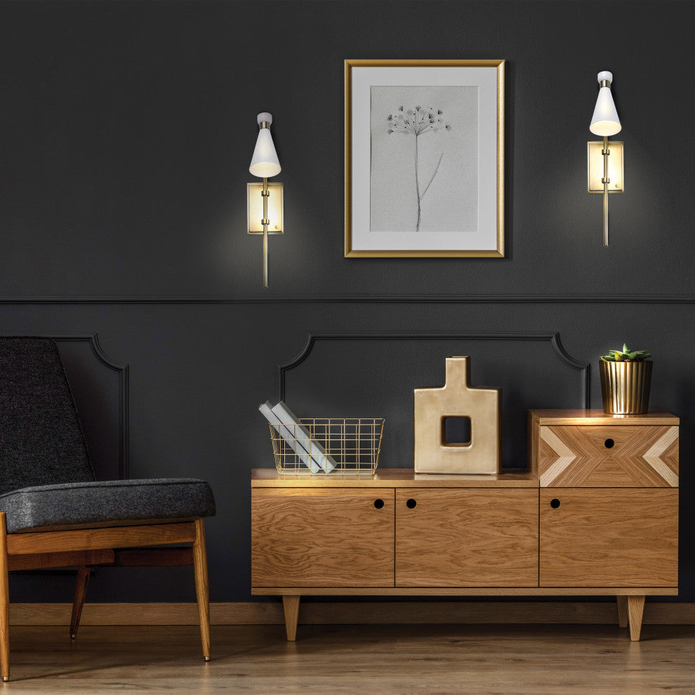 Prospect 1-Light Wall Sconce, Matte White With Burnished Brass