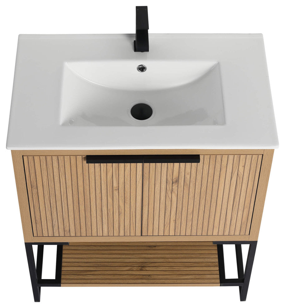 Kingsford Grooved-Look Bath Vanity, Bright Oak, White Ceramic Sink, 30", Doors