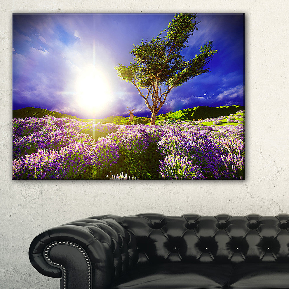 "Lavender Field Under Blue Sky" Modern Landscape Wall Art Canvas, 40"x30"