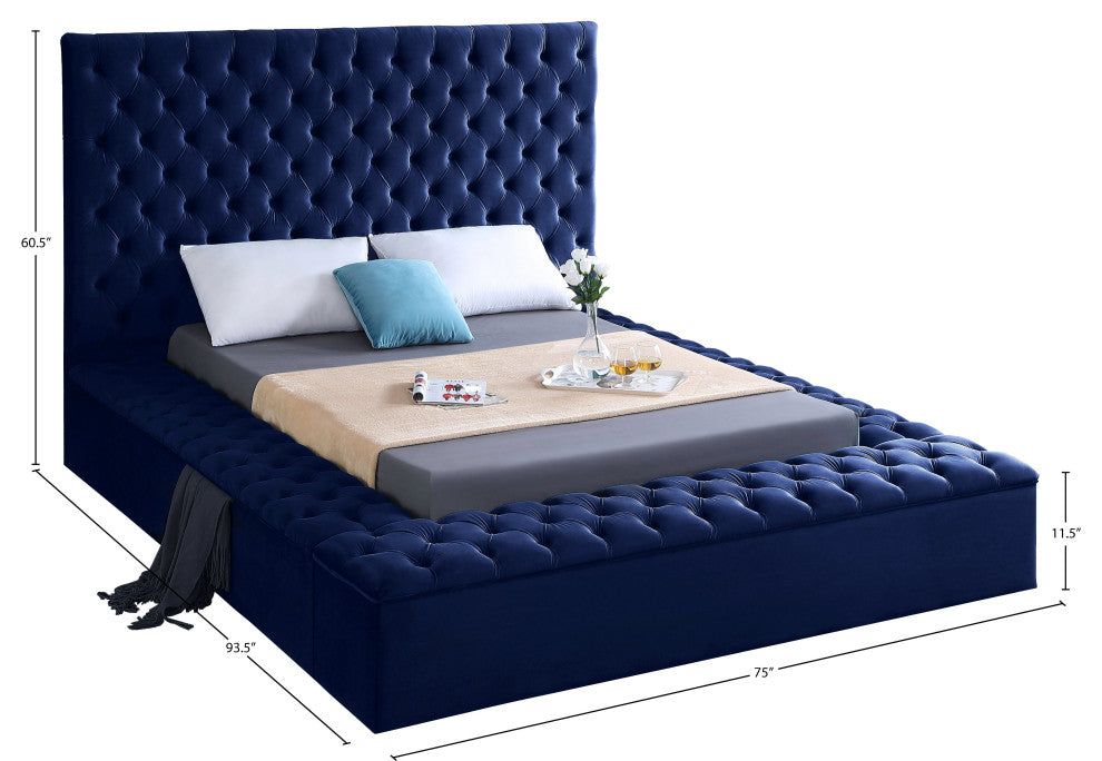Bliss Velvet Upholstered  Bed, Navy, Full
