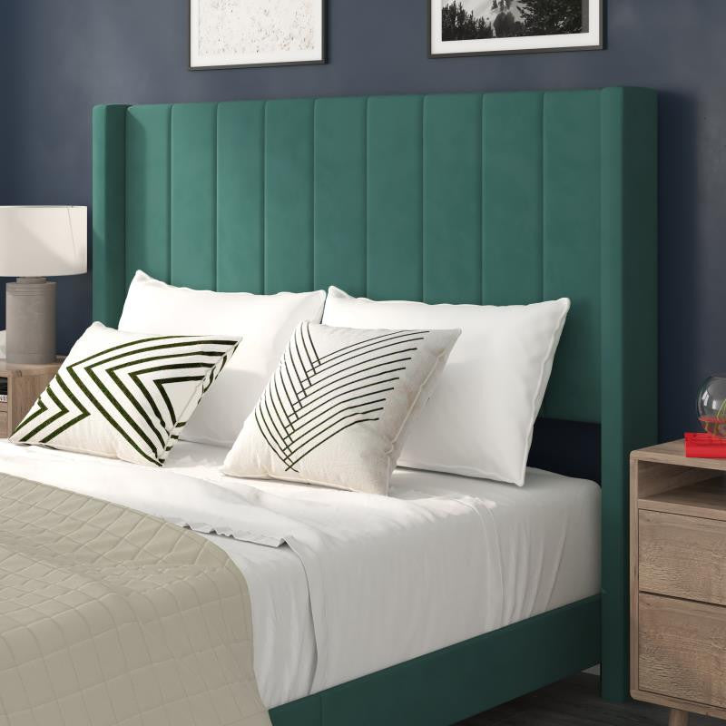 Bianca Upholstered Platform Bed w/Vertical Stitched Wingback Headboard, Emerald Velvet, Queen