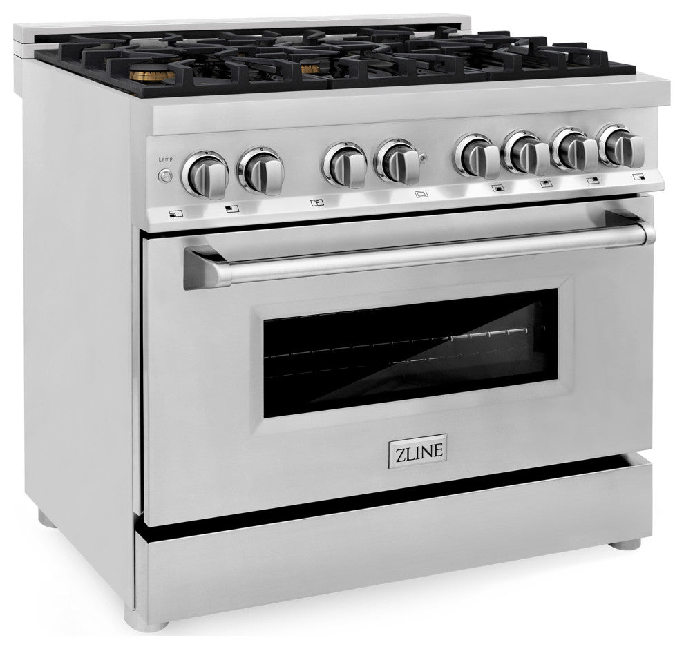 ZLINE 36" Dual Fuel Range, Stainless Steel With Brass Burners RA-BR-36
