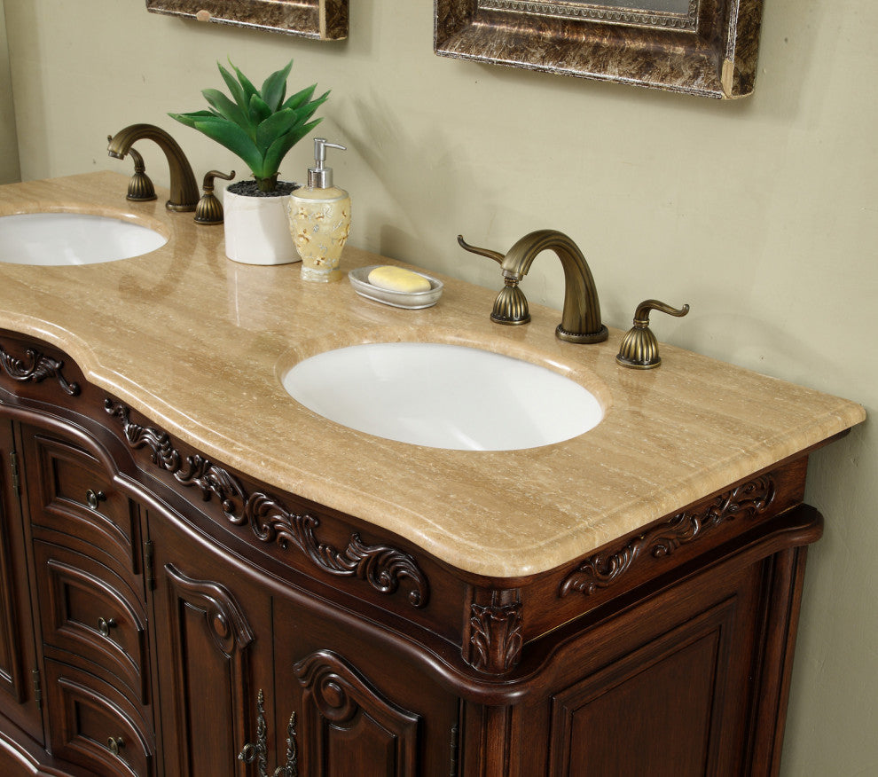 Cassandra 60" Dark Cherry Double Sink Bathroom Vanity, Travertine Marble Top