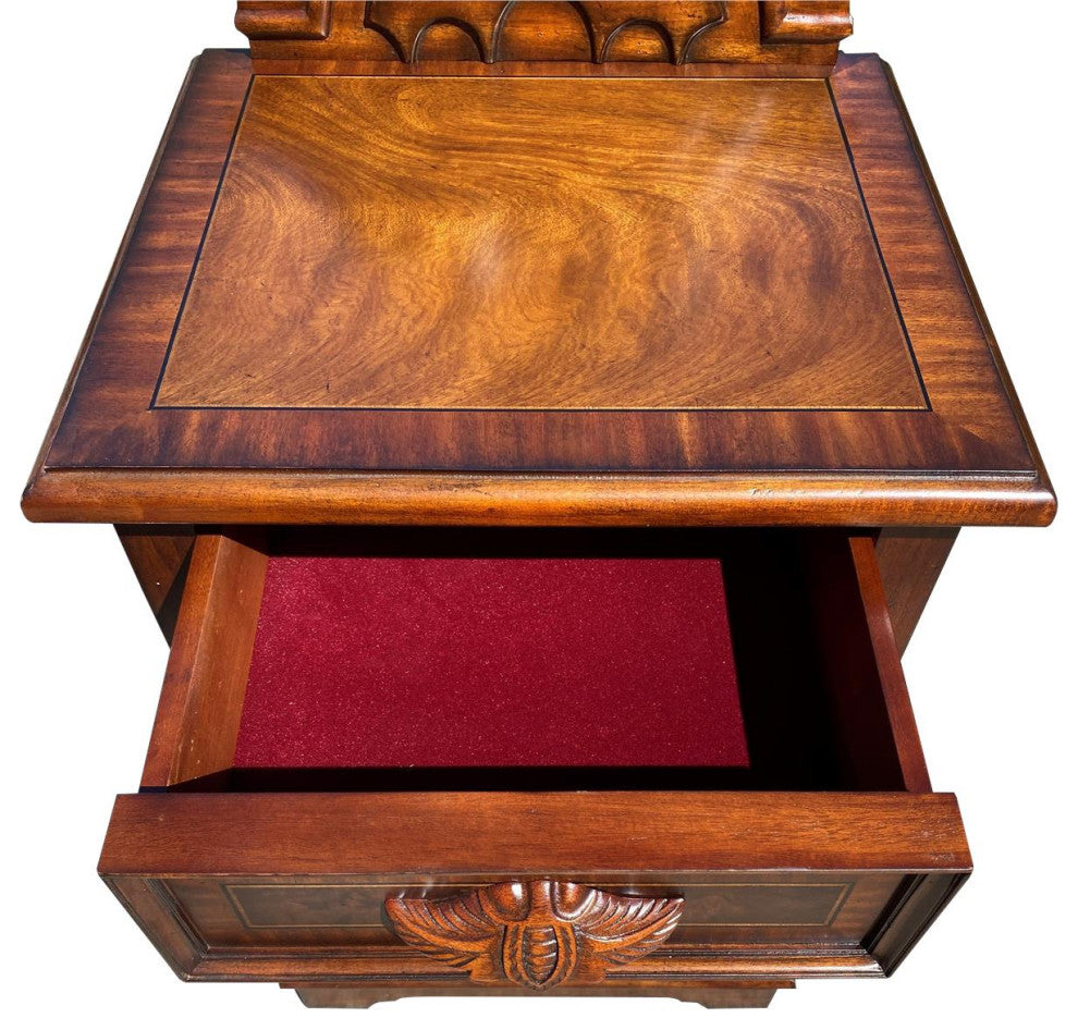 Victorian Nightstand Carved Mahogany, Burl Inlay Wood, 1-Door 1-Drawer