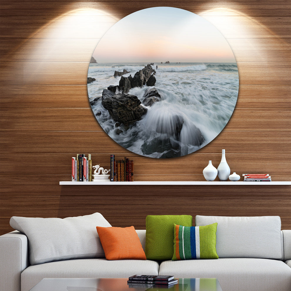 Bay Of Biscay White Waves Hitting Beach, Seascape Disc Artwork, 23"