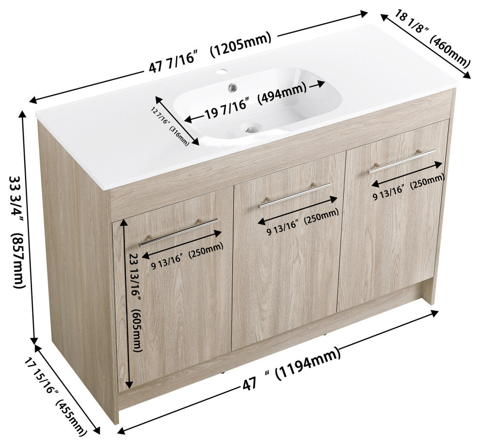 48 Inch Plywood Freestanding Bathroom Vanity With Resin Sink and Two Shelves
