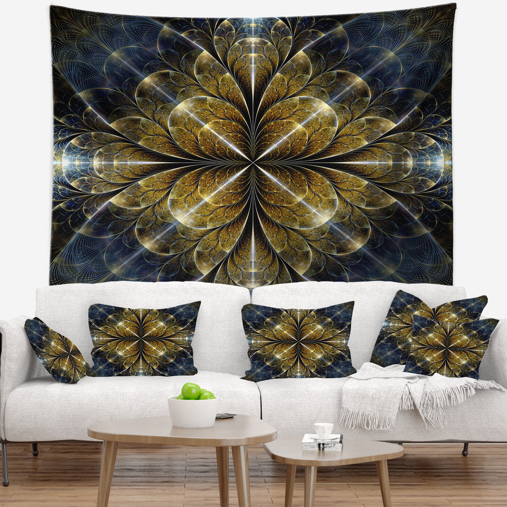 Digital Gold Fractal Flower Pattern Abstract Wall Tapestry, 60"x50"