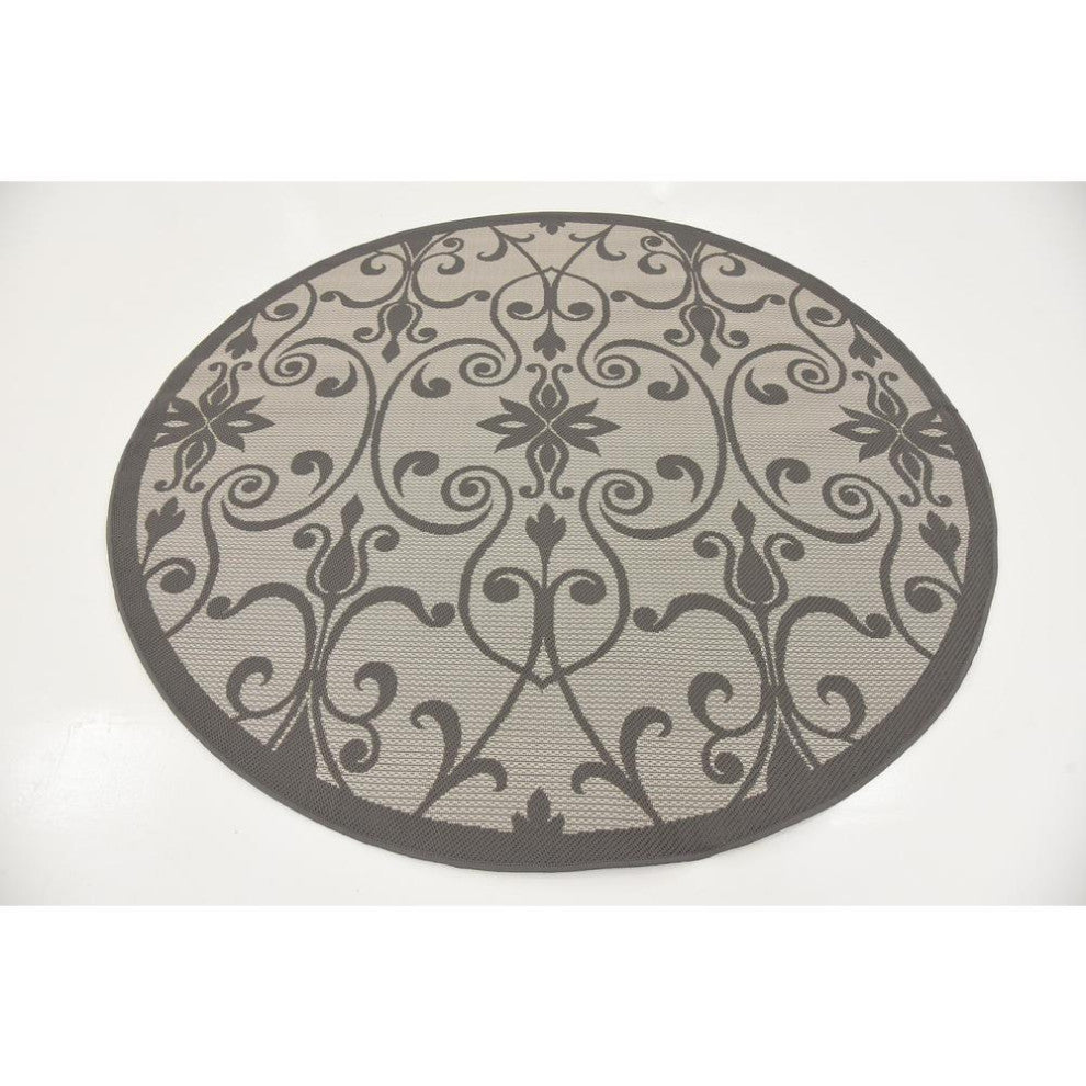 Rug Unique Loom Outdoor Botanical Gray Round 6' 0 x 6' 0
