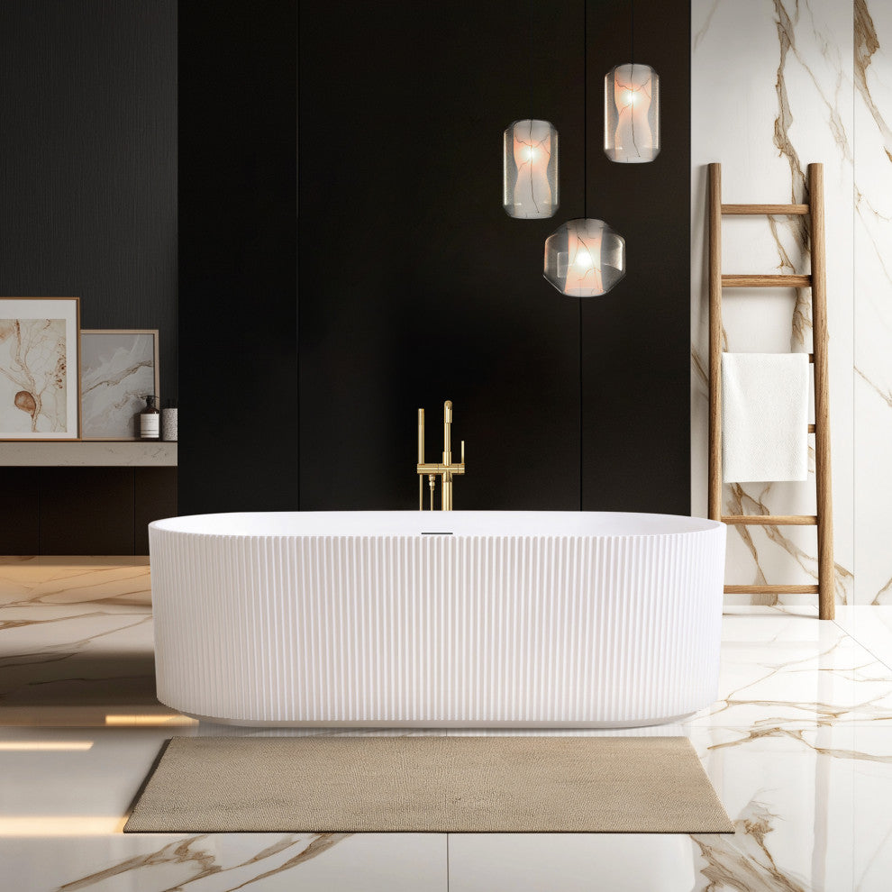 Linyi Freestanding Acrylic Soaking Bathtub, White, 66.9"l X 31.5"w