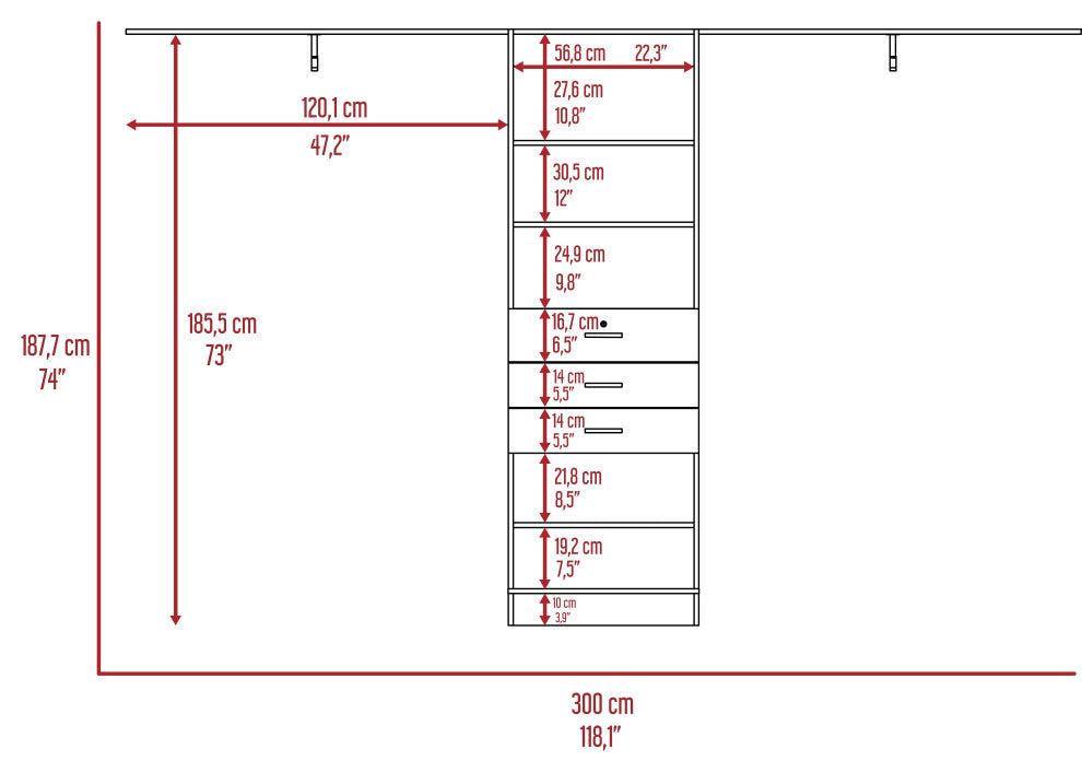 Zamora 69"W - 118"W Closet System, Dark Walnut