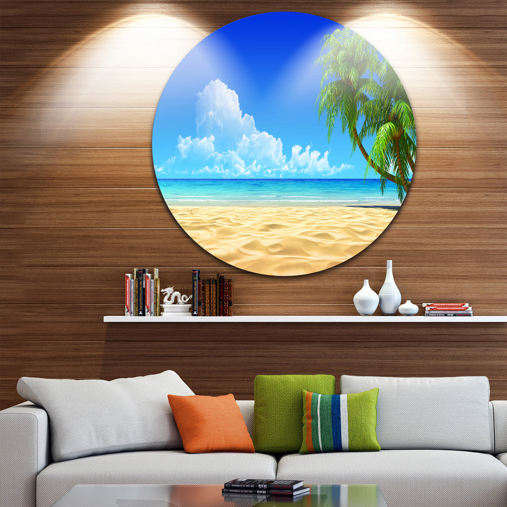 Coconut Palms Bent Into Beach, Seashore Art Disc Metal Wall Art, 23"