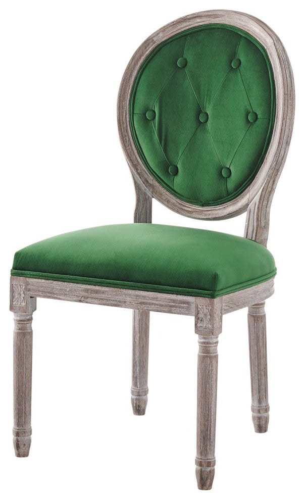 French Vintage Side Dining Chair, Velvet, Wood, Brown Natural Green, Modern