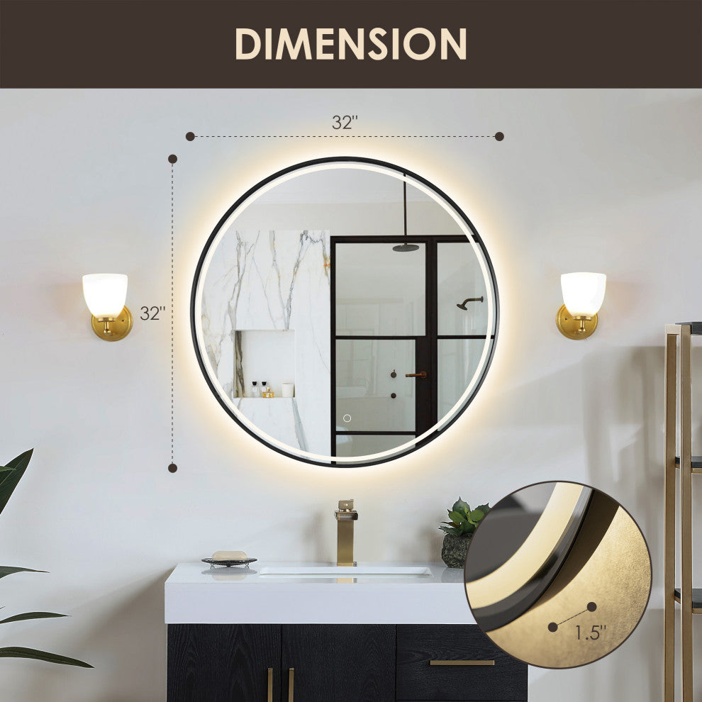 Palme Round Framed Bathroom/Vanity LED Lighted Wall Mirror, Matte Black, 32"