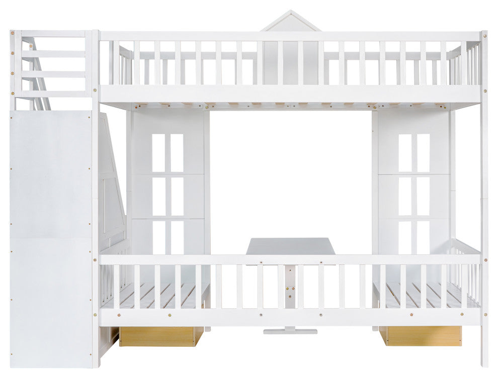 Gewnee Wood Twin-Over-Twin Bunk Bed with Table and Drawers in White