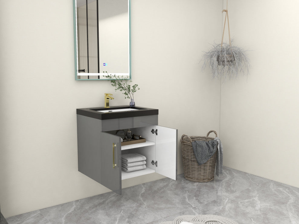 Rosa 24" WALL MOUNTED Modern Vanity, High Gloss Gray, Matt Black Top