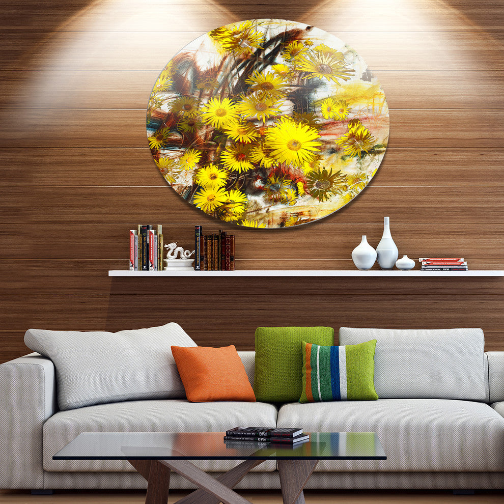Yellow Flowers Watercolor Illustration, Floral Round Wall Art, 38"