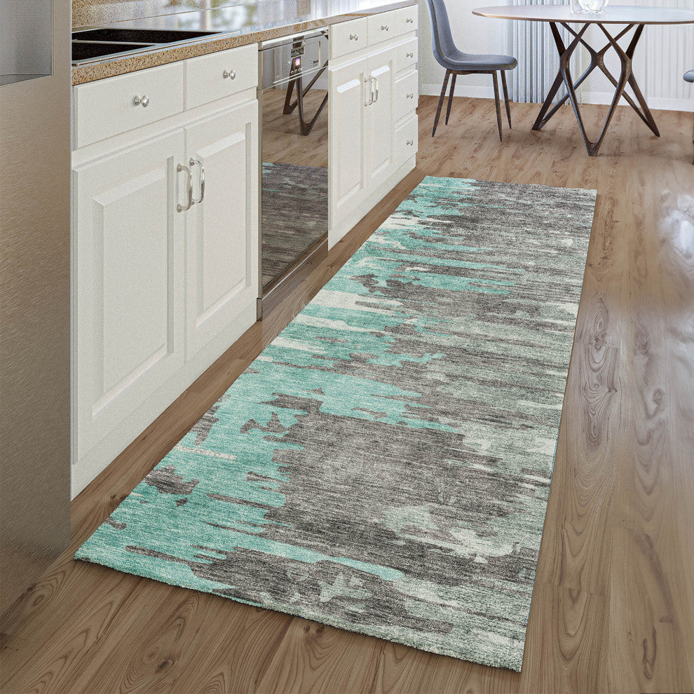 Premium Machine Washable Mayfield AMF704 Teal 2'3" x 7'6" Runner Rug