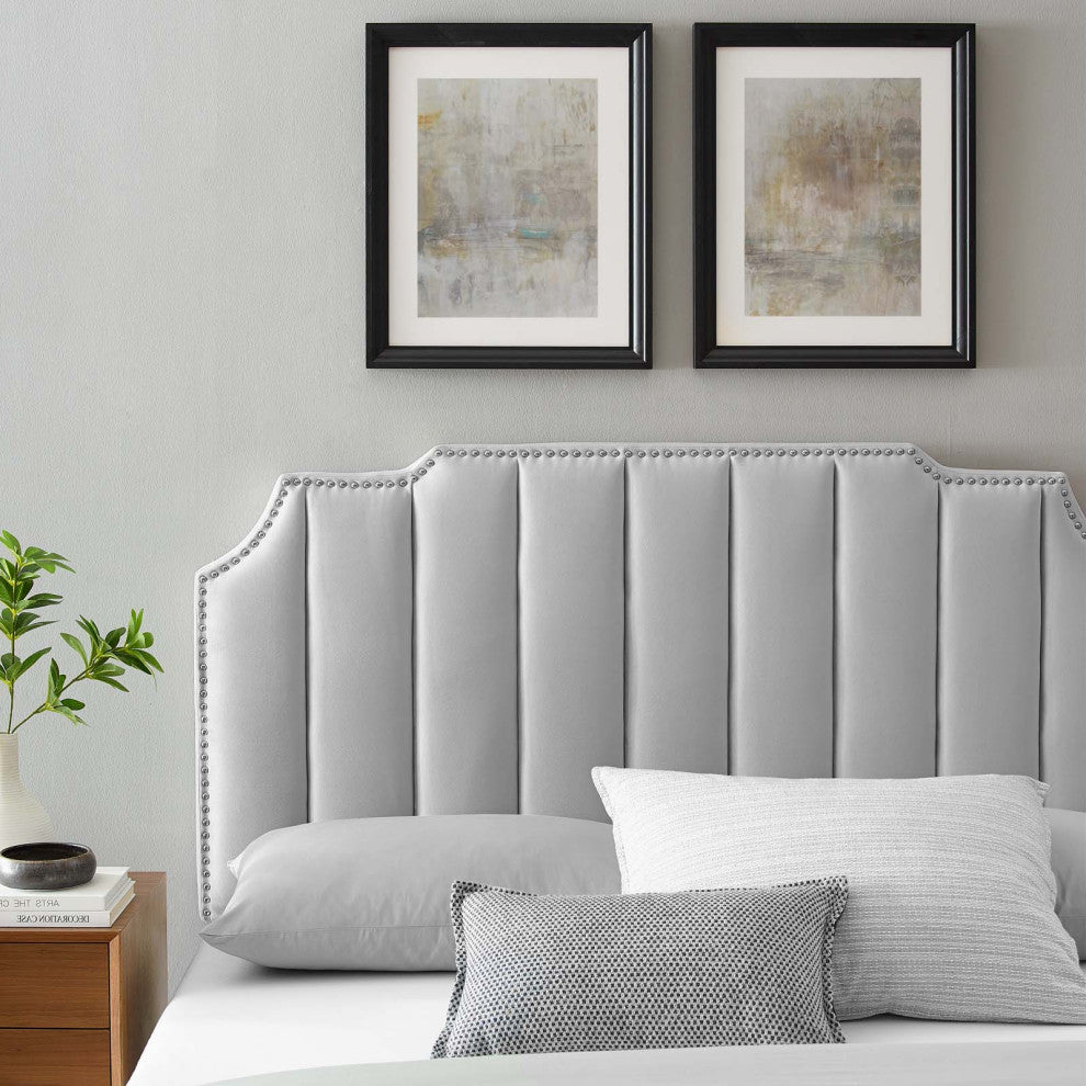Headboard, King Size, Velvet, Light Gray, Modern Contemporary, Bedroom