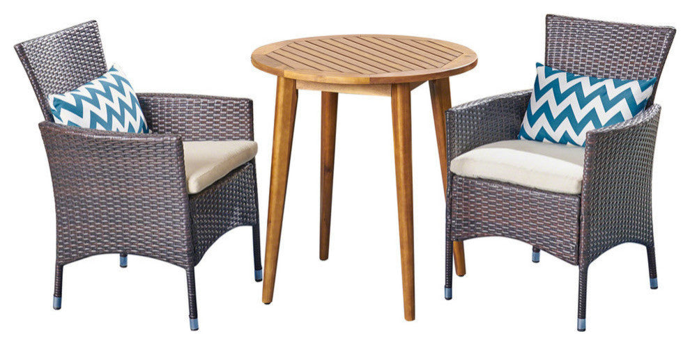 GDF Studio 3-Piece Land Outdoor Bistro Set, Teak/Multi Brown/Beige