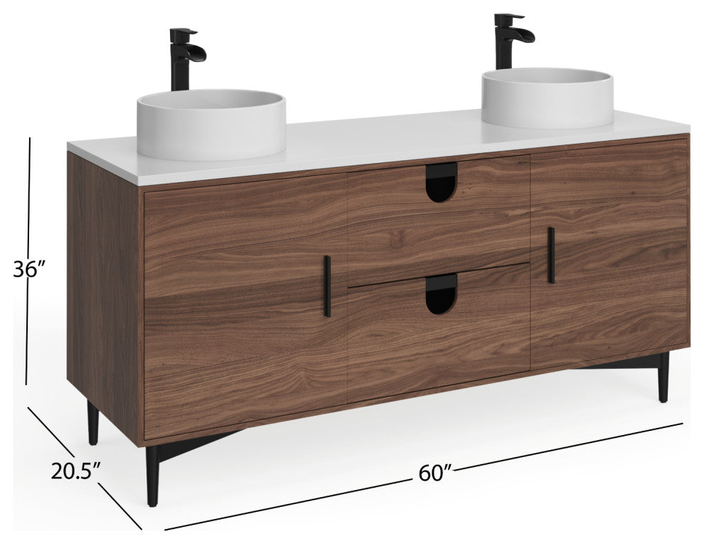 Newton Bath Vanity, Walnut, 60", Double Sink, Freestanding