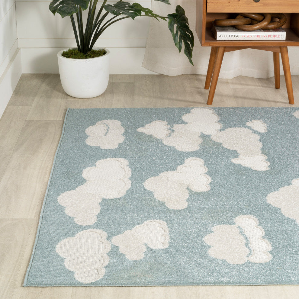 High-low Youth Cloud Scandi Rug Blue/Ivory 5 ft x 8 ft Indoor/Outdoor Area Rug