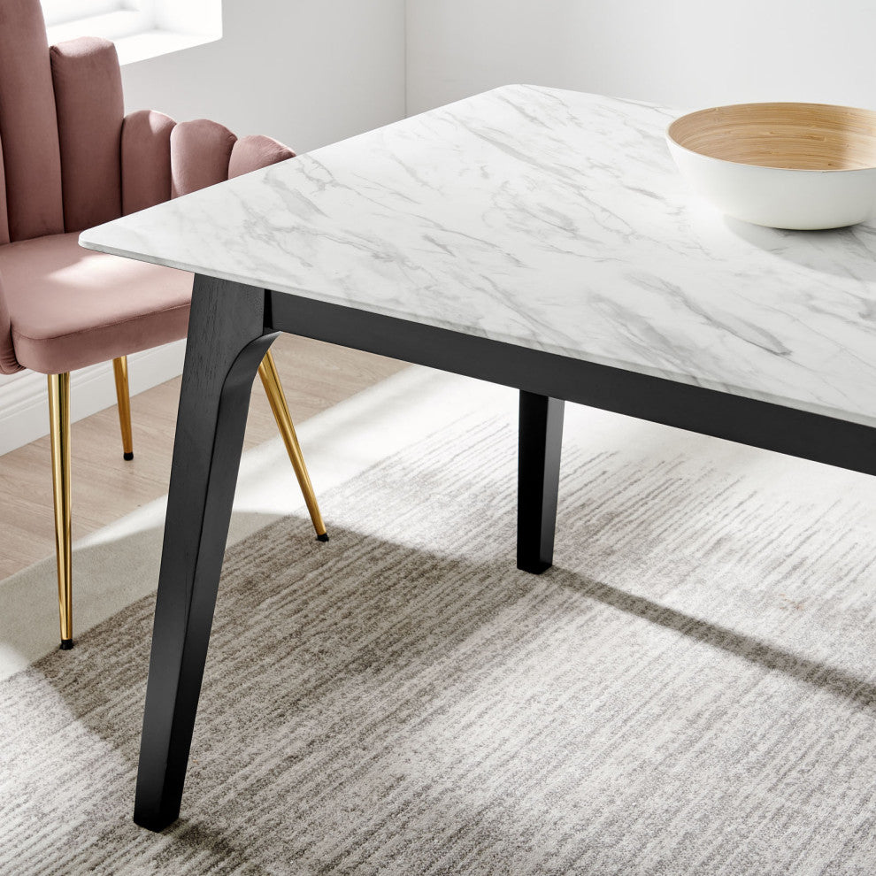 63" Dining Table, Rectangular, White Black, Wood, Artificial Marble, Modern