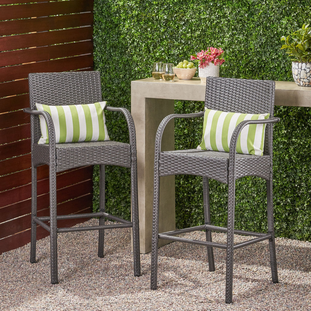 Beatrice Outdoor Wicker Barstool Chair, Set of 2, Gray