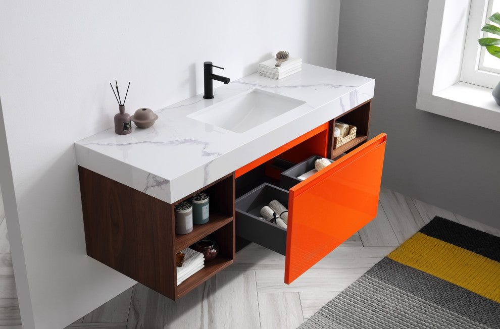 Manarola Red Amber with Thick Quartz Wall Mount Vanity, Open Shelf, 60"
