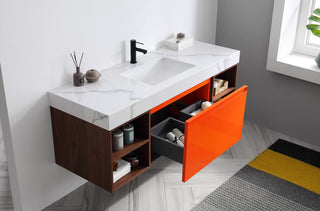 Manarola Red Amber with Thick Quartz Wall Mount Vanity, Open Shelf, 60"