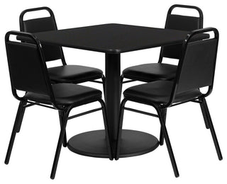 36" Round Walnut Laminate Table Set With 4 Ladder Back Chairs, Burgundy