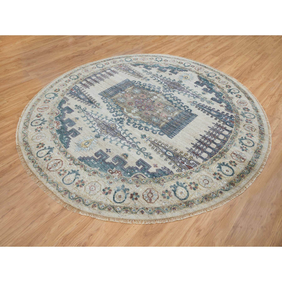 Ivory Wool Hand Knotted Reimagined Persian Viss Round Oriental Rug, 9'9"x9'9"