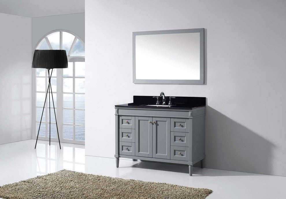Virtu Tiffany 48" Single Bathroom Vanity, Gray, Black Granite Top, Mirror