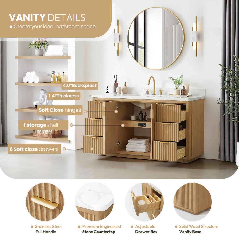 Cadiz Bath Vanity, Composite Stone Top, Washed Ash Grey, 60" Single Sink, No Mirror