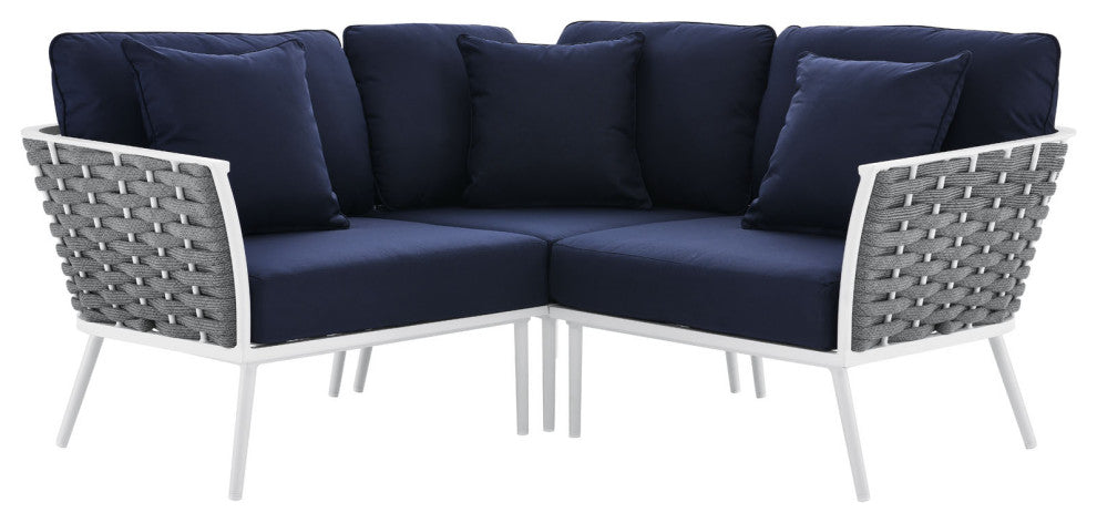 Lounge Sectional Sofa Chair Set, Navy White, Aluminum, Modern, Outdoor Patio