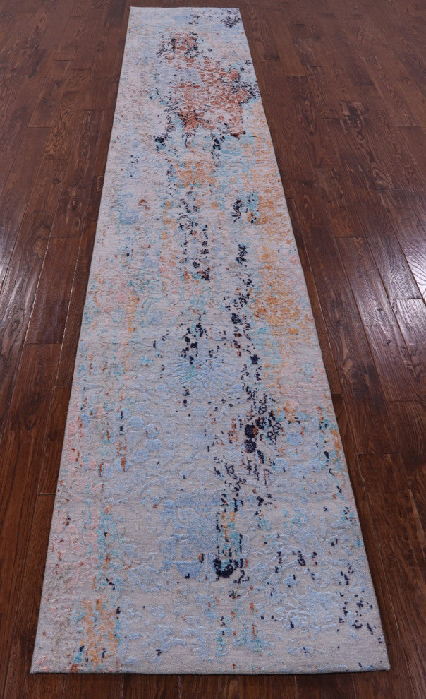 Hand Knotted Modern Wool and Silk Runner Rug 2' 7" X 14' 0" Q11824
