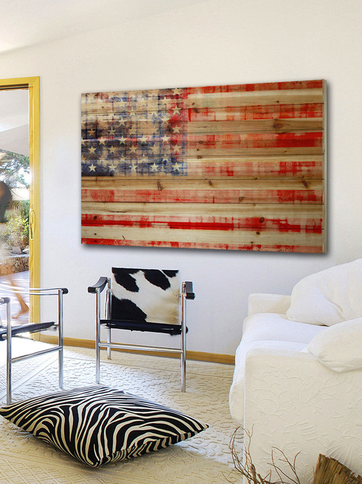 "American Flag" Painting Print on Natural Pine Wood, 45"x30"