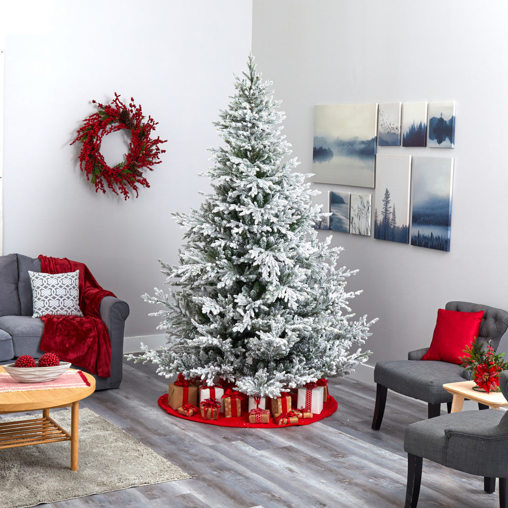 8' Flocked Fraser Fir Faux Xmas Tree W/800 White Lights & 4892 Bendable Branches