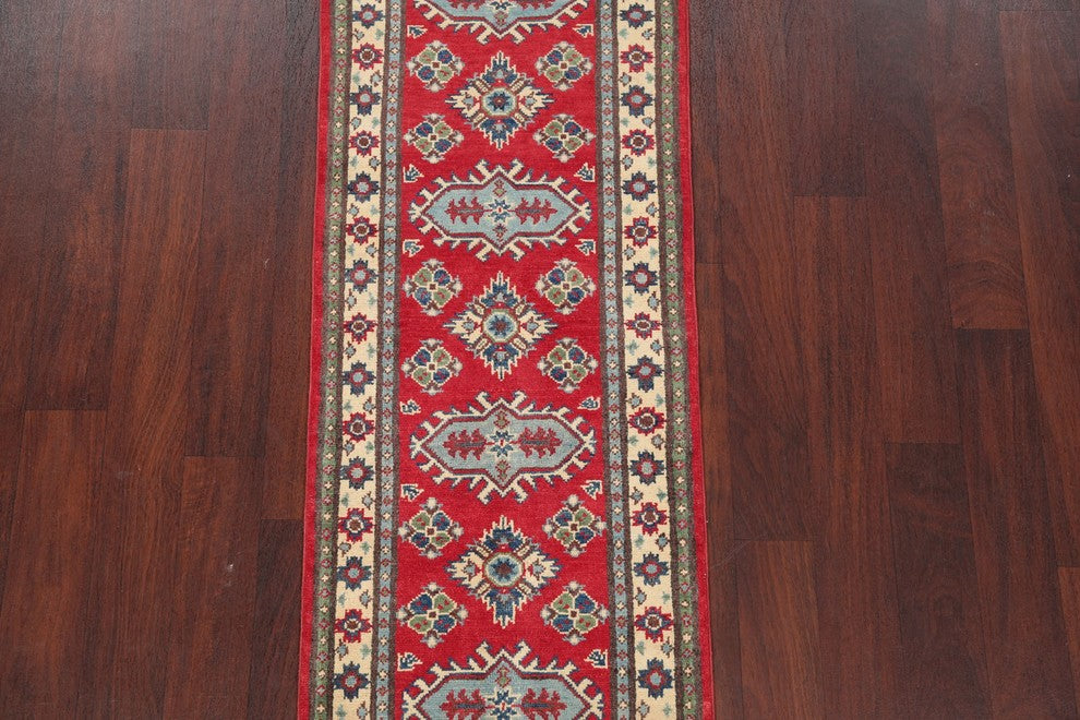 Traditional Kazak Oriental Hand-Knotted Pakistani Runner Rug, Red, 6'1"X2'1"