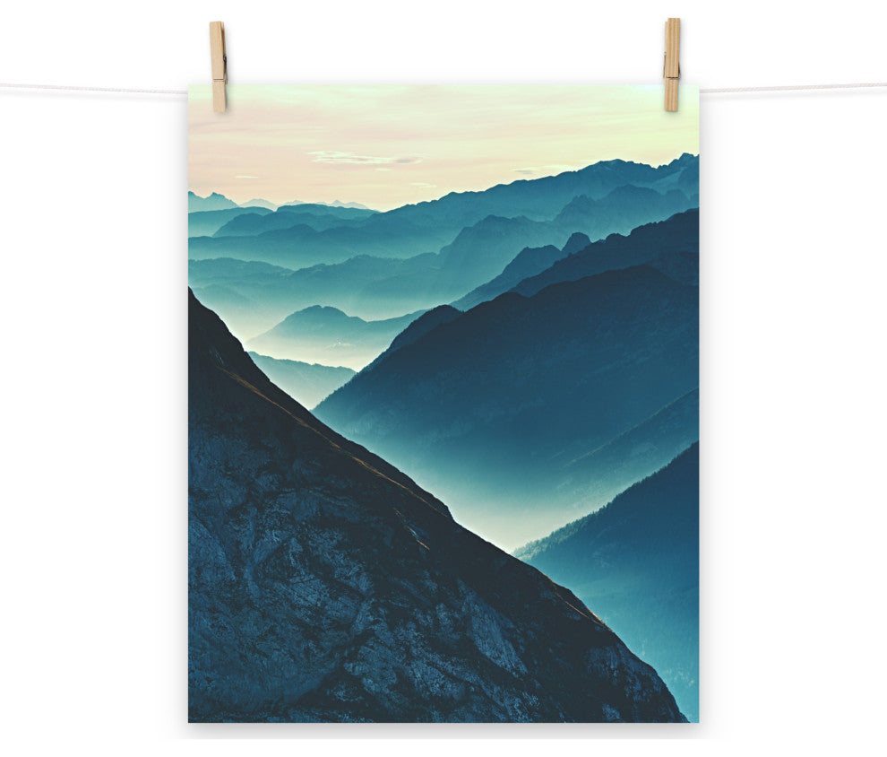 Misty Blue Silhouette Mountain Range Landscape Photo Unframed Wall Art Prints, 16" X 20"