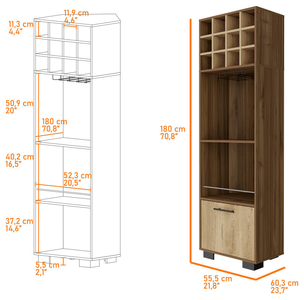 Aubree Corner Bar Cabinet with 12 Wine Cubbies, Mahogany/ Macadamia