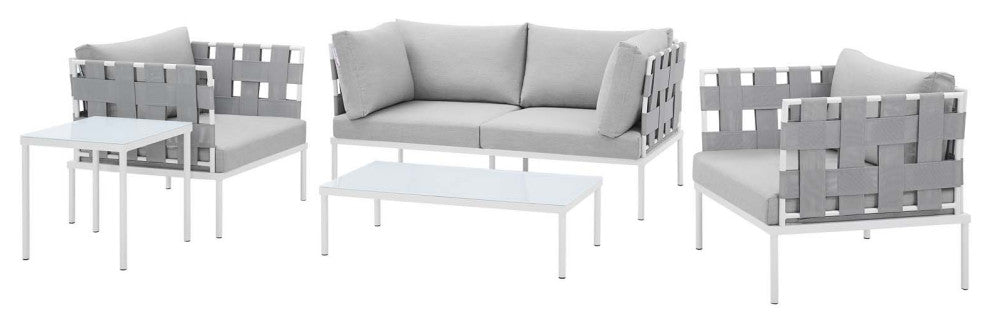 Lounge Sectional Sofa Chair Table Set, Sunbrella, Aluminum, Gray, Outdoor