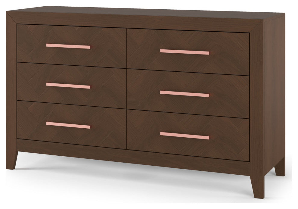 Modern Double Dresser, 6 Drawers With Soft Herringbone Pattern, Toasted Chestnut