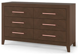 Modern Double Dresser, 6 Drawers With Soft Herringbone Pattern, Toasted Chestnut