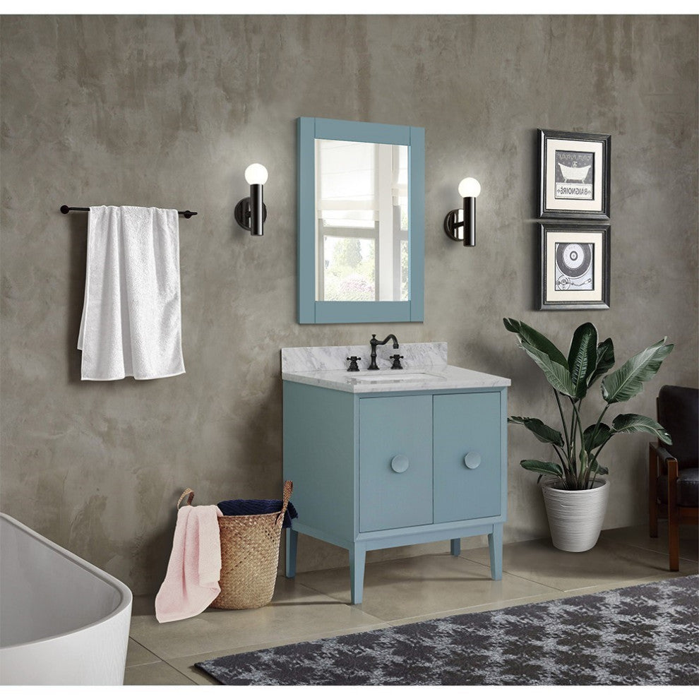 31" Single Vanity, Aqua Blue Finish With White Carrara Top