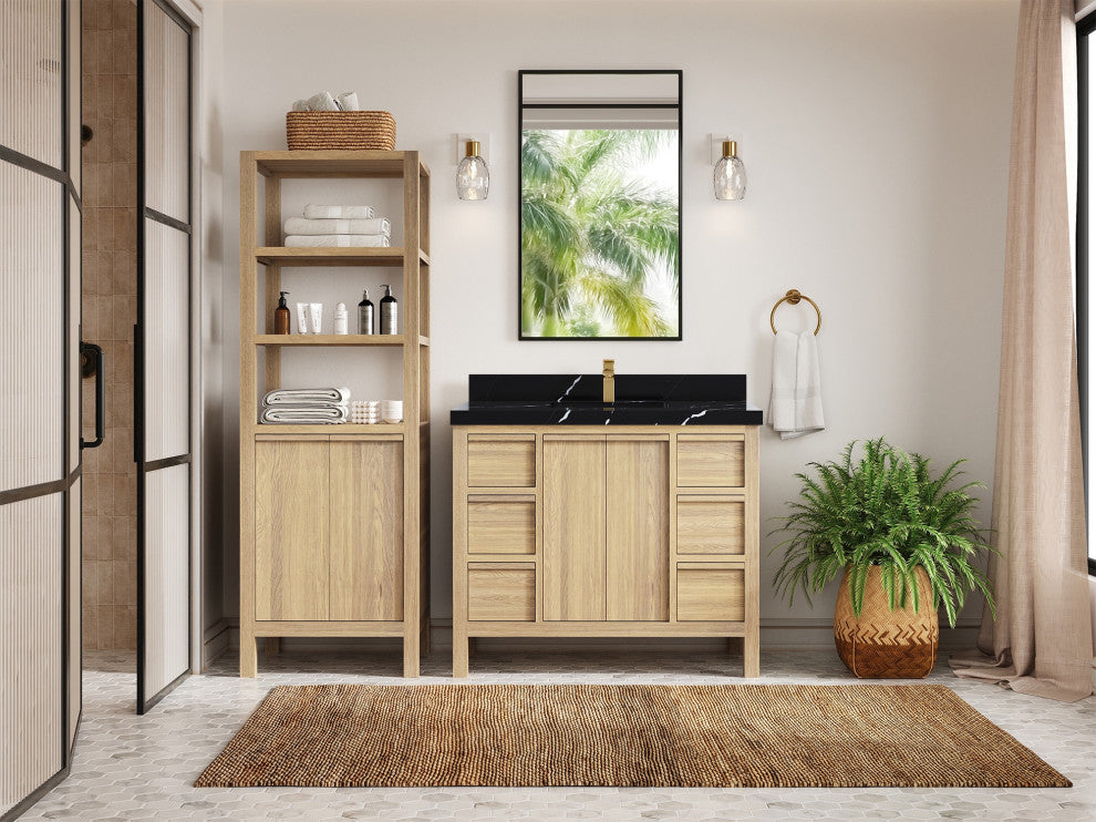 Elizabeth Oak 42" Single Sink Vanity, White 2" Calacatta Black