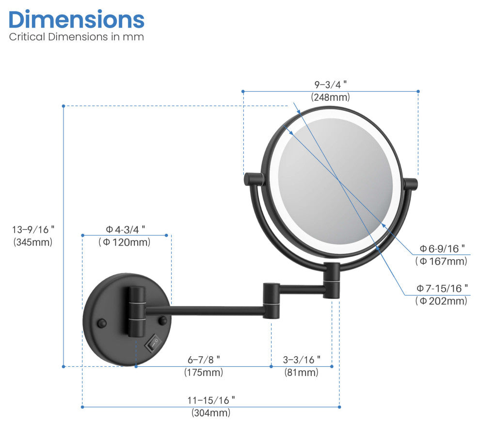 Circular LED Wall Mount Magnifying Make Up Mirror, Matte Black