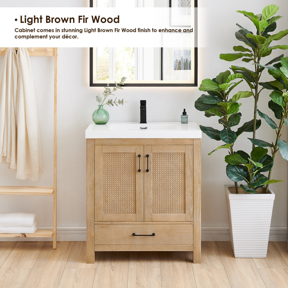 Bondi Single Bath Vanity, Light Brown, 30inch, No Mirror