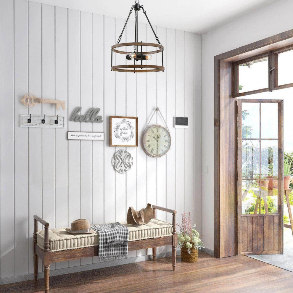 LNC 3-Light Drum Farmhouse Metal Black Pendant Chandelier 23"H